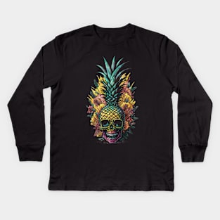 Summer color in skull Pineapple face, fruit summer, retro style Kids Long Sleeve T-Shirt